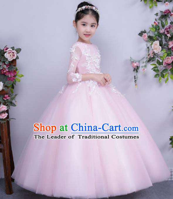 Children Catwalks Flower Fairy Costume Modern Dance Stage Performance Compere Pink Full Dress for Kids