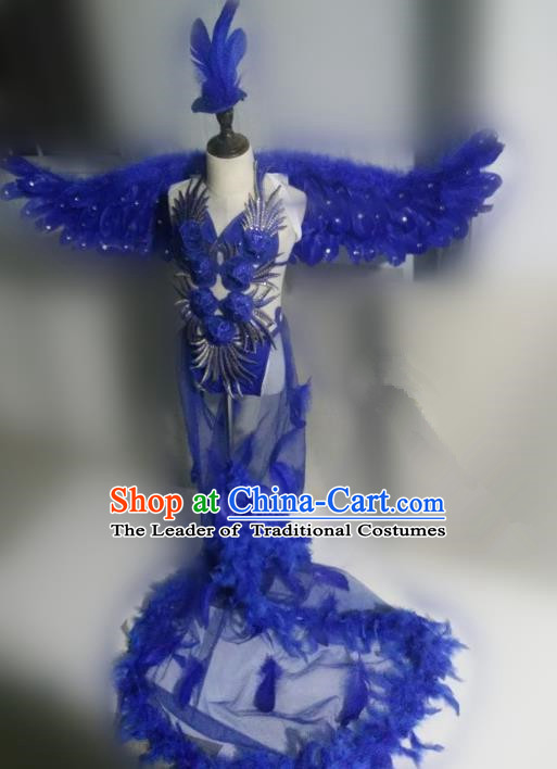 Children Models Show Costume Stage Performance Catwalks Royalblue Feather Dress and Wings for Kids