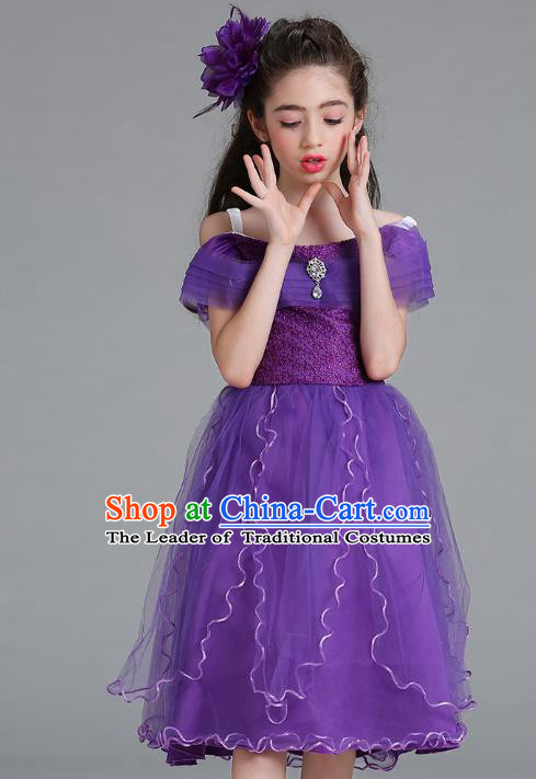 Children Models Show Compere Costume Stage Performance Catwalks Purple Full Dress for Kids