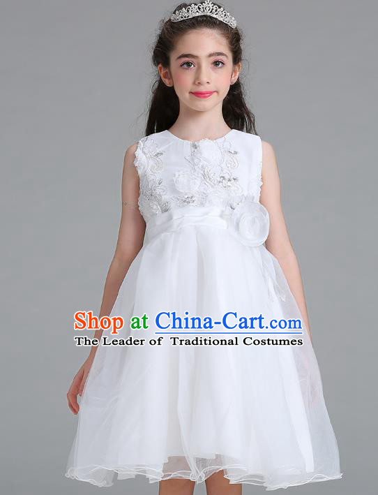 Children Models Show Compere Costume Stage Performance Catwalks White Veil Full Dress for Kids