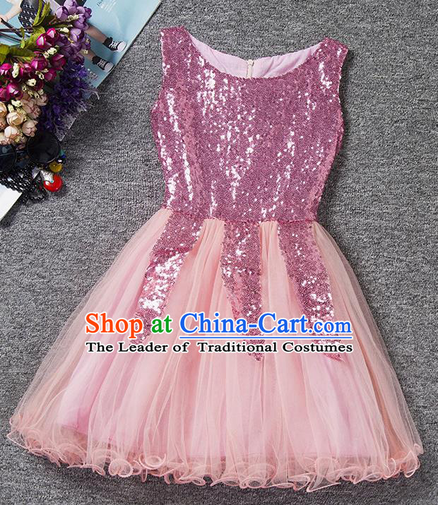 Children Fairy Princess Pink Sequins Dress Stage Performance Catwalks Compere Costume for Kids