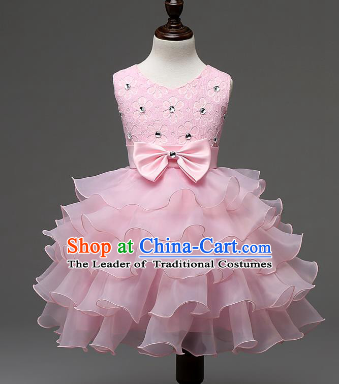 Children Fairy Princess Pink Layered Dress Stage Performance Catwalks Compere Costume for Kids