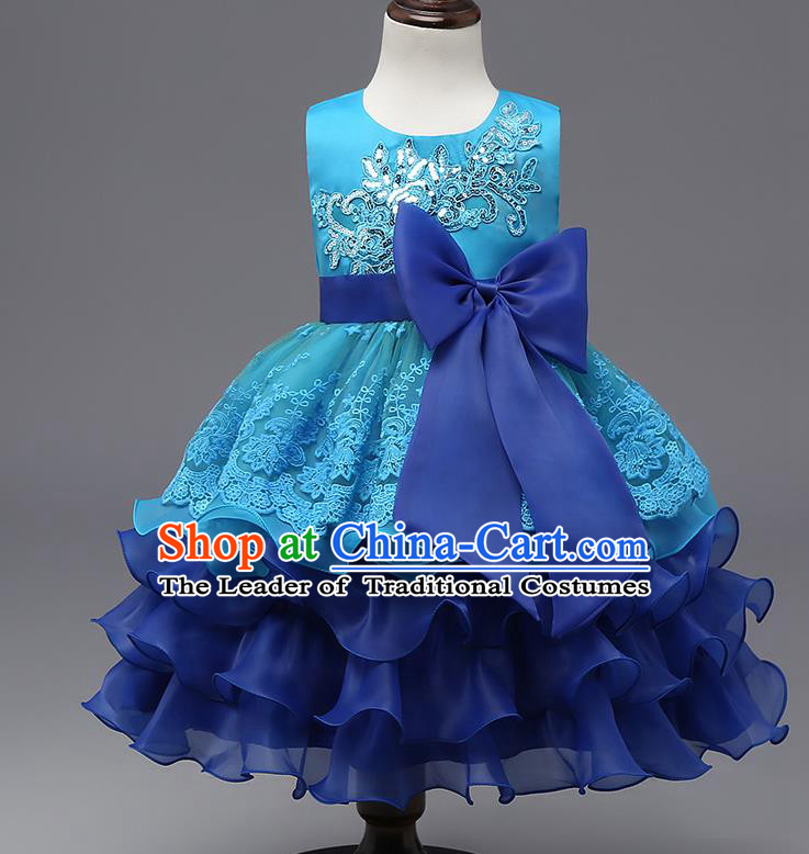Children Flower Fairy Costume Modern Dance Stage Performance Catwalks Compere Blue Full Dress for Kids