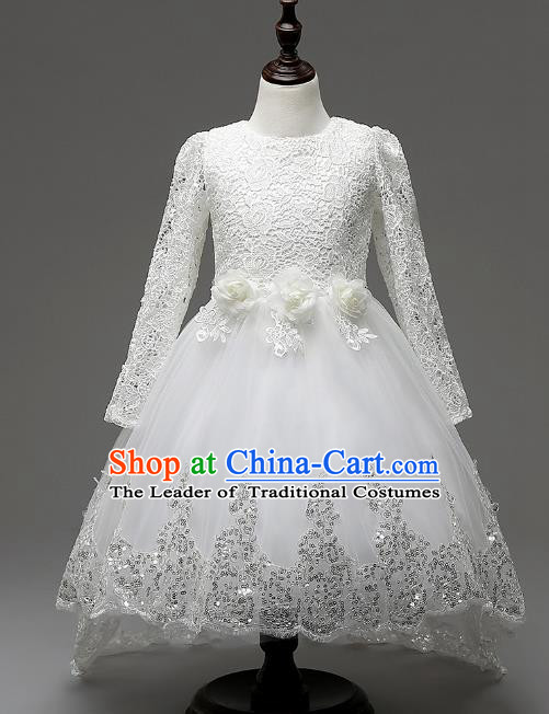 Children Fairy Princess White Lace Trailing Dress Stage Performance Catwalks Compere Costume for Kids