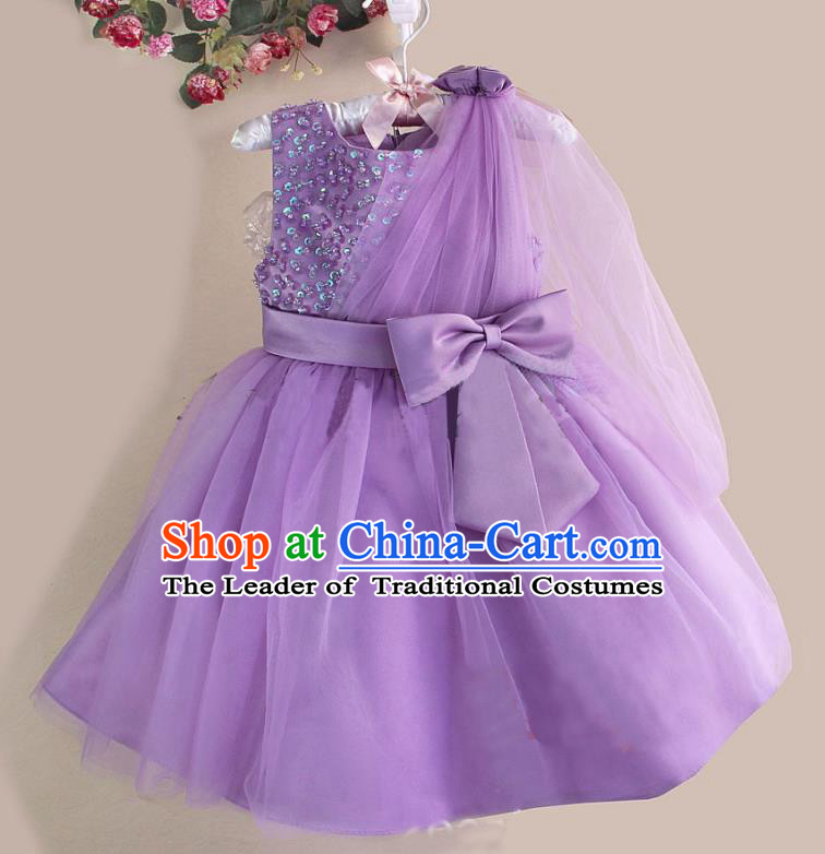 Children Fairy Princess Bowknot Purple Dress Stage Performance Catwalks Compere Costume for Kids