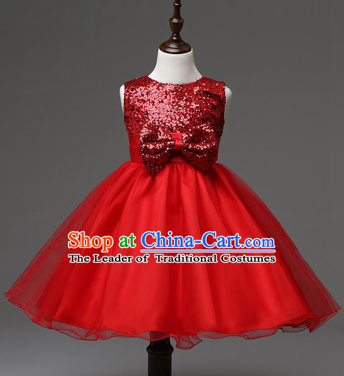 Children Modern Dance Compere Red Full Dress Stage Performance Catwalks Costume for Kids