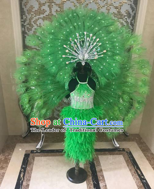 Children Catwalks Costume Brazilian Carnival Samba Dance Green Feather Swimsuit and Wings Headwear for Kids