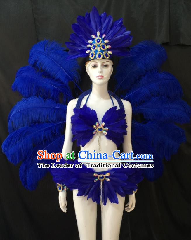 Top Grade Brazilian Carnival Samba Dance Costume Miami Catwalks Royalblue Feather Swimsuit and Angel Wings for Women