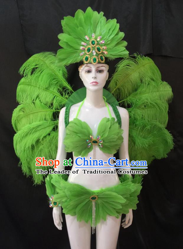 Top Grade Brazilian Carnival Samba Dance Costume Miami Catwalks Green Feather Swimsuit and Angel Wings for Women