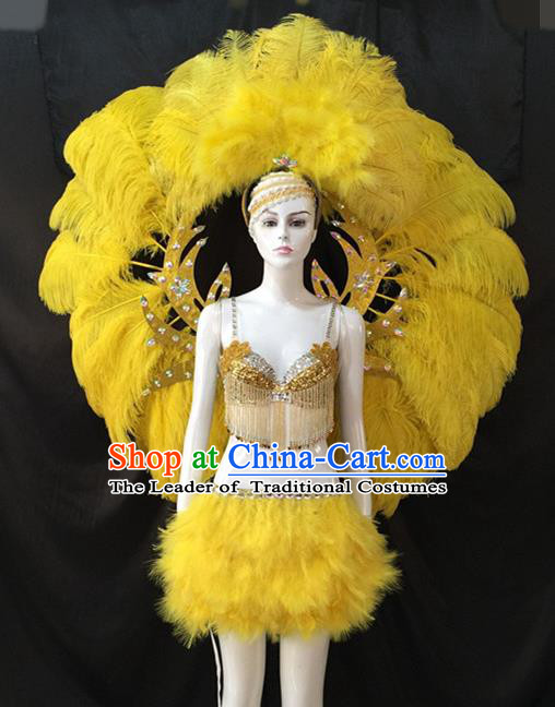 Top Grade Brazilian Carnival Samba Dance Costumes Halloween Miami Catwalks Yellow Feather Swimsuit and Wings for Women
