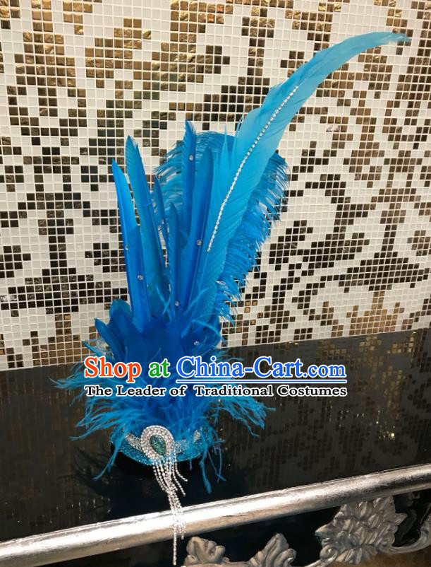 Brazilian Carnival Samba Dance Hair Accessories Miami Blue Feathers Deluxe Headdress for Kids