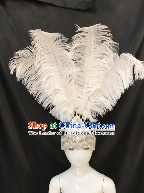 Brazilian Carnival Samba Dance Hair Accessories Miami Deluxe Crystal White Feather Headdress for Kids