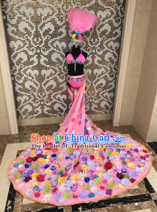 Children Catwalks Costume Modern Dance Swimsuit Pink Trailing Full Dress and Feather Hair Accessories for Kids
