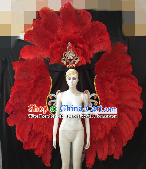 Top Grade Catwalks Props Brazilian Carnival Samba Dance Red Feather Wings and Headdress for Adults