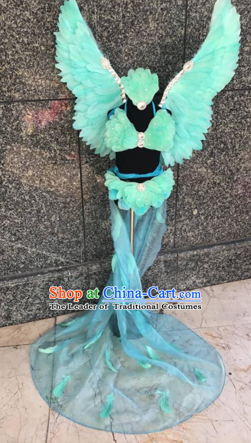 Top Grade Brazilian Carnival Costumes Halloween Catwalks Green Feather Swimsuit and Hair Accessories for Kids