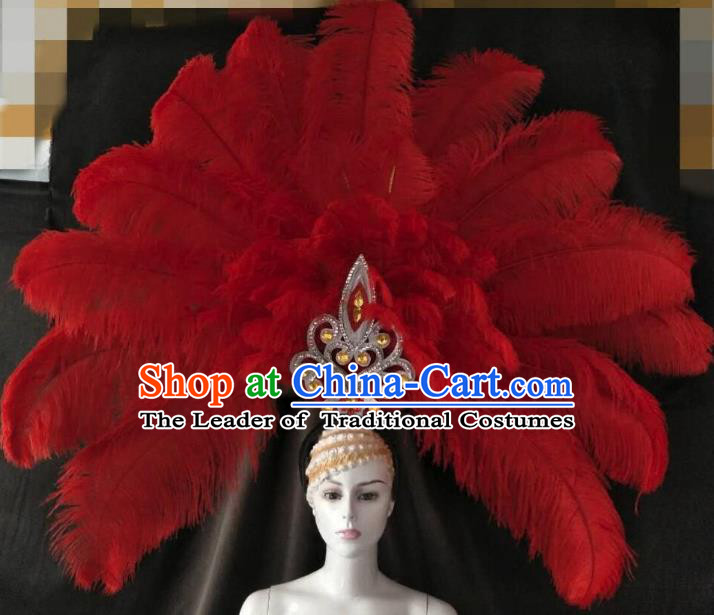 Brazilian Carnival Samba Dance Deluxe Hair Accessories Dionysia Miami Catwalks Red Feather Headdress for Women