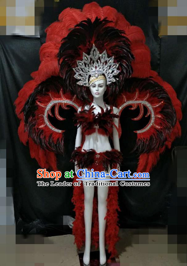 Red Feather Brazilian Rio Carnival Costumes Halloween Catwalks Swimsuit and Deluxe Feather Wings Headwear for Women