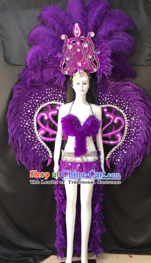 Purple Feather Brazilian Rio Carnival Costumes Halloween Catwalks Swimsuit and Deluxe Feather Wings Headwear for Women
