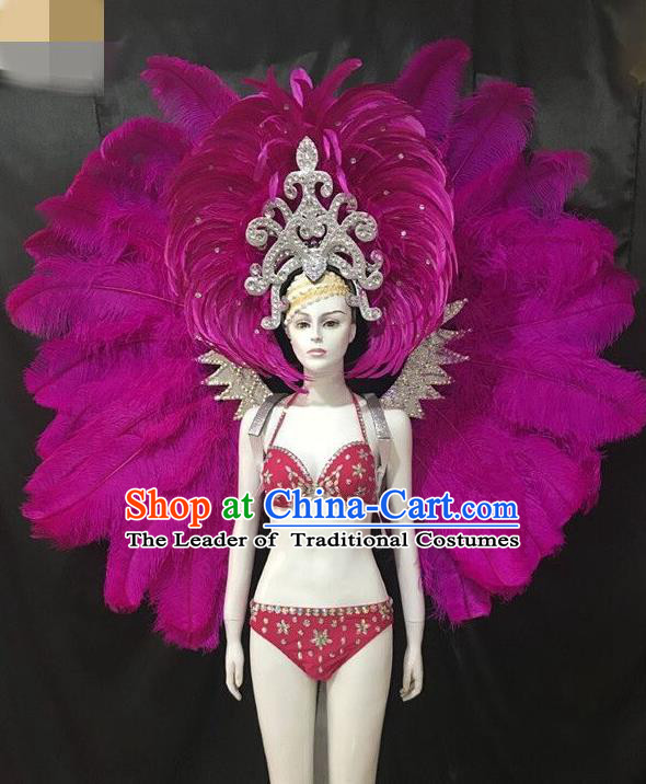 Brazilian Rio Carnival Purple Feather Costumes Halloween Catwalks Swimsuit and Deluxe Feather Wings Headwear for Women