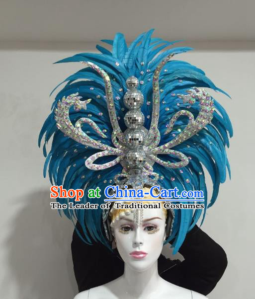 Brazilian Samba Dance Blue Feather Hair Accessories Rio Carnival Catwalks Deluxe Headwear for Women