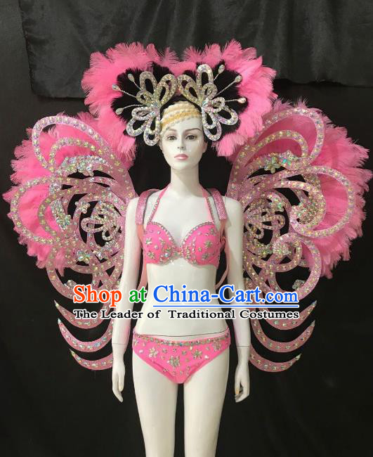 Brazilian Rio Carnival Samba Dance Costumes Halloween Catwalks Swimsuit and Pink Feather Wings Headwear for Women