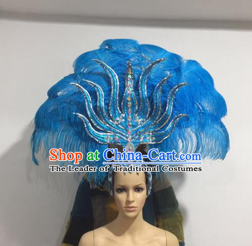 Brazilian Samba Dance Blue Feather Hair Accessories Rio Carnival Roman Deluxe Headwear for Women