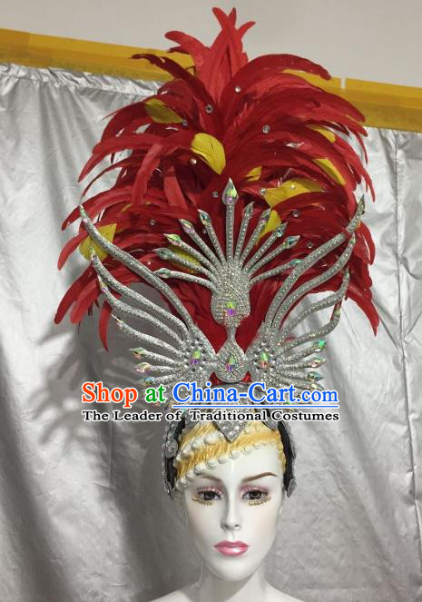 Brazilian Samba Dance Red Feather Hair Accessories Rio Carnival Roman Deluxe Headwear for Women