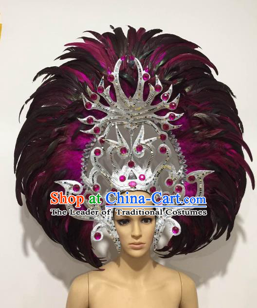 Brazilian Samba Dance Queen Hair Accessories Rio Carnival Roman Black and Rosy Feather Deluxe Headwear for Women