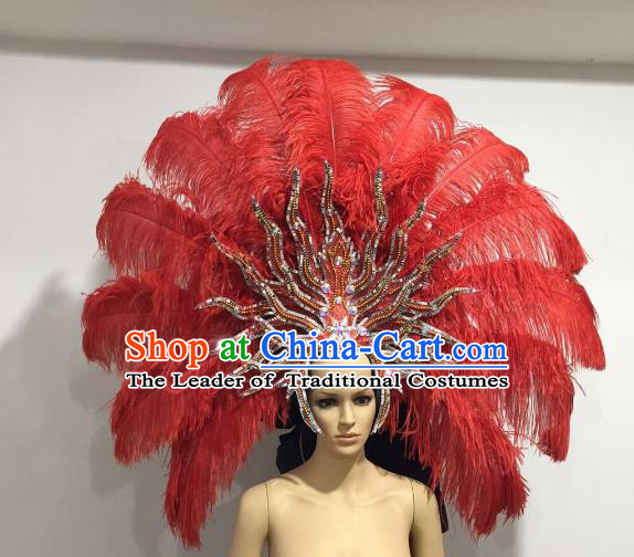 Brazilian Samba Dance Catwalks Hair Accessories Rio Carnival Red Ostrich Feather Deluxe Headwear for Women