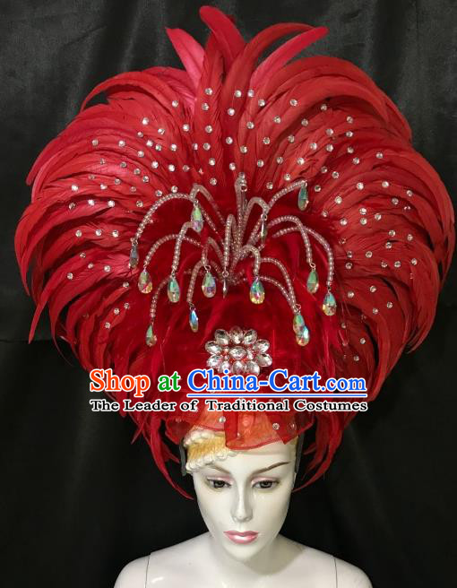 Brazilian Rio De Janeiro Carnival Red Feather Hair Accessories Samba Dance Catwalks Headdress for Women