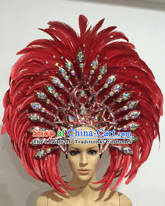 Brazilian Carnival Catwalks Hair Accessories Rio Samba Dance Red Ostrich Feather Deluxe Headwear for Women
