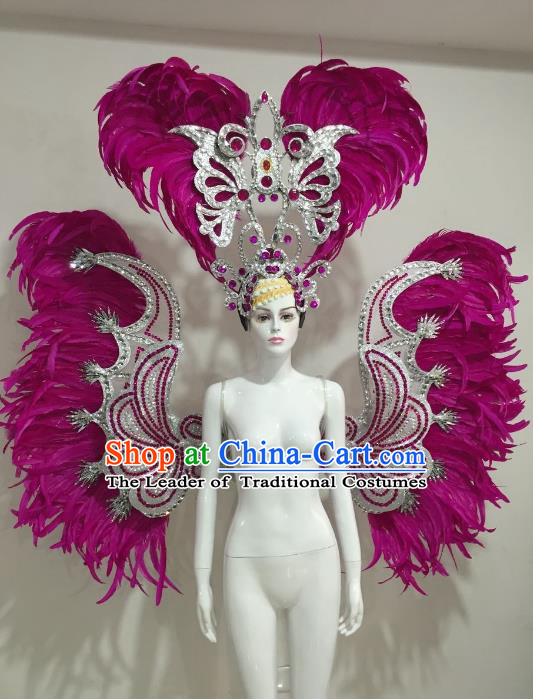 Brazilian Catwalks Samba Dance Props Rio Carnival Rosy Feather Angel Wings and Headwear for Women