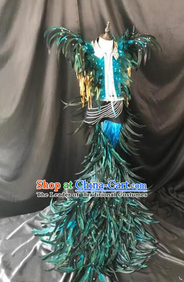 Brazilian Rio Carnival Samba Dance Costumes Halloween Catwalks Deluxe Green Feather Clothing for Kids