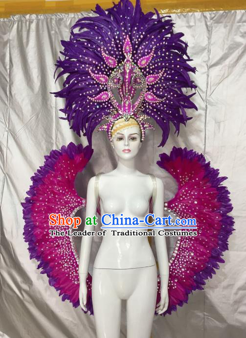 Top Grade Brazilian Carnival Samba Dance Props Catwalks Purple Feather Wings and Headwear for Women
