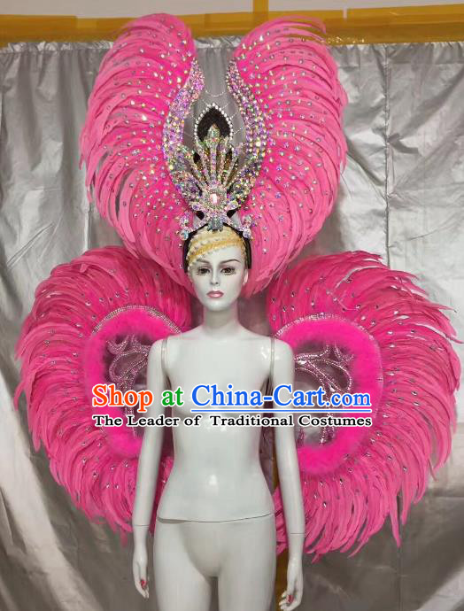 Top Grade Brazilian Carnival Samba Dance Props Catwalks Pink Feather Wings and Headwear for Women