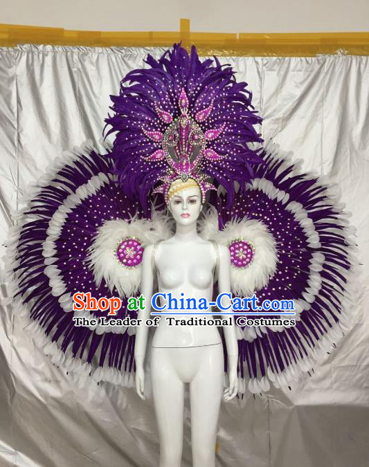 Top Grade Brazilian Carnival Samba Dance Purple Feather Angel Wings Catwalks Headwear for Women