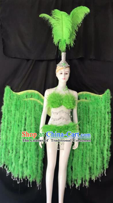 Top Grade Samba Dance Costumes Brazilian Carnival Catwalks Swimsuit and Green Feather Wings for Women