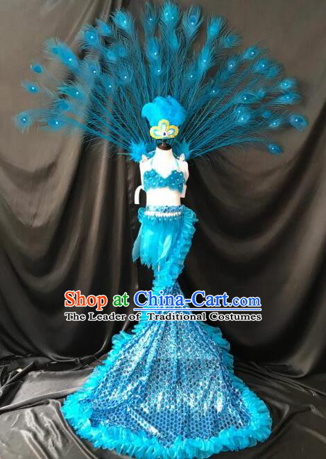 Top Grade Catwalks Costumes Brazilian Carnival Blue Swimsuit and Feather Wings for Kids