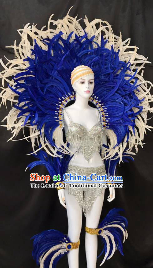 Brazilian Rio Carnival Samba Dance Blue Feather Costumes Halloween Catwalks Deluxe Feather Swimsuit and Wings for Women
