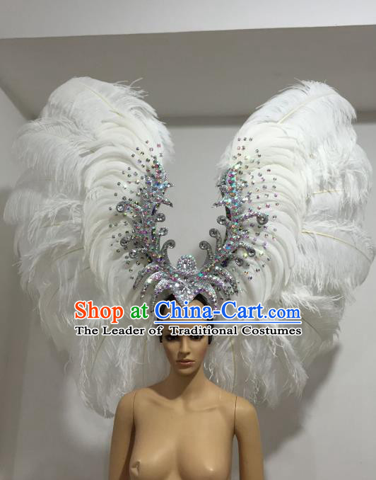 Brazilian Carnival Catwalks White Ostrich Feather Headdress Rio Samba Dance Deluxe Hair Accessories for Women