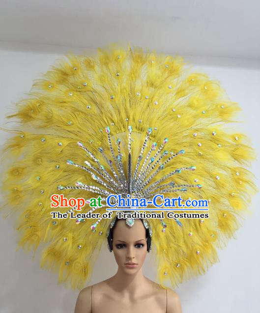 Brazilian Carnival Catwalks Yellow Feather Peacock Headdress Rio Samba Dance Deluxe Hair Accessories for Women