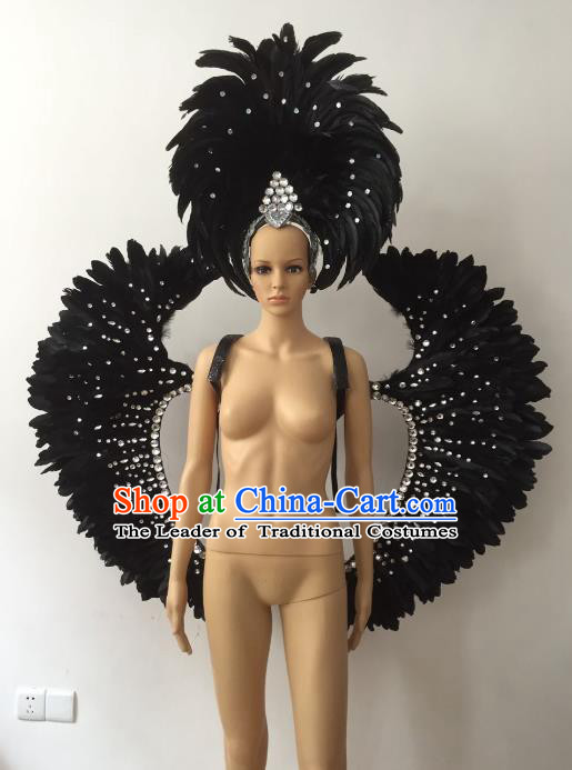 Brazilian Rio Carnival Samba Dance Black Feather Wings and Headwear for Adults