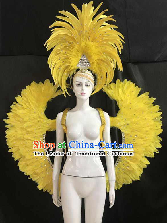 Brazilian Rio Carnival Samba Dance Yellow Feather Wings and Headwear for Adults