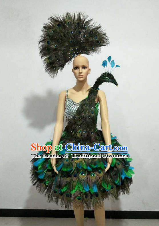 Brazilian Rio Carnival Samba Dance Costumes Catwalks Green Feather Peacock Dress for Women