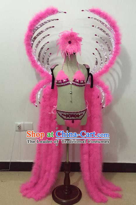 Brazilian Rio Carnival Samba Dance Costume Catwalks Pink Feather Wings and Headwear for Kids