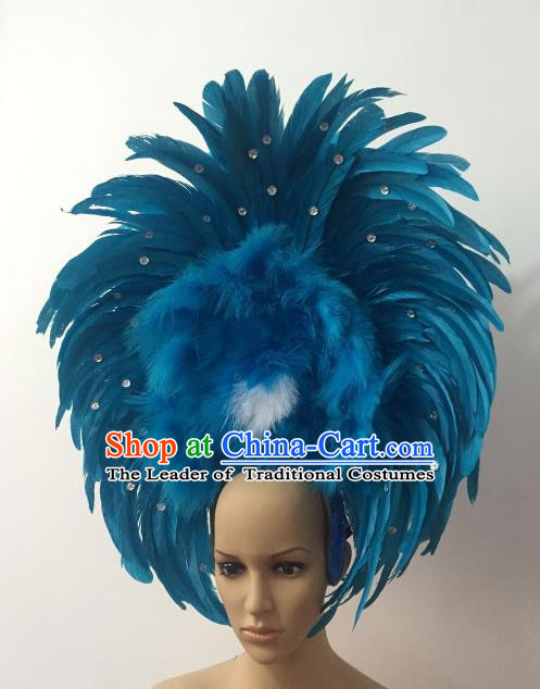 Handmade Catwalks Hair Accessories Brazilian Rio Carnival Samba Dance Blue Feather Headdress for Women