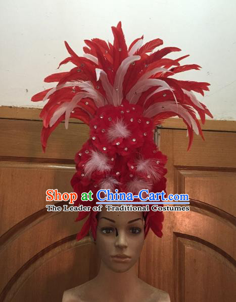 Handmade Samba Dance Hair Accessories Brazilian Rio Carnival Deluxe Red Feather Flowers Headdress for Women