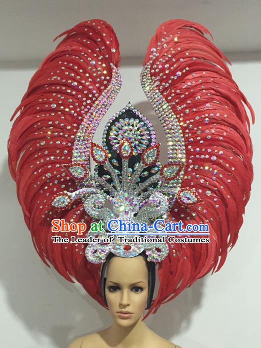 Top Grade Brazilian Carnival Catwalks Red Feather Headdress Rio Samba Dance Miami Deluxe Hair Accessories for Women