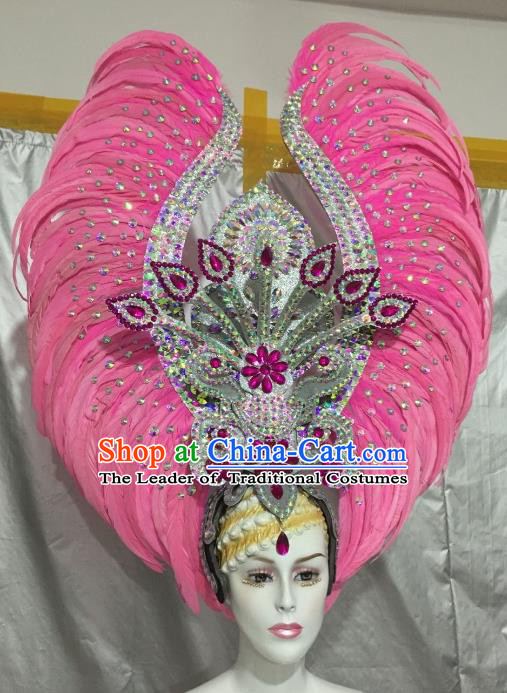Top Grade Brazilian Carnival Catwalks Pink Feather Headdress Rio Samba Dance Miami Deluxe Hair Accessories for Women