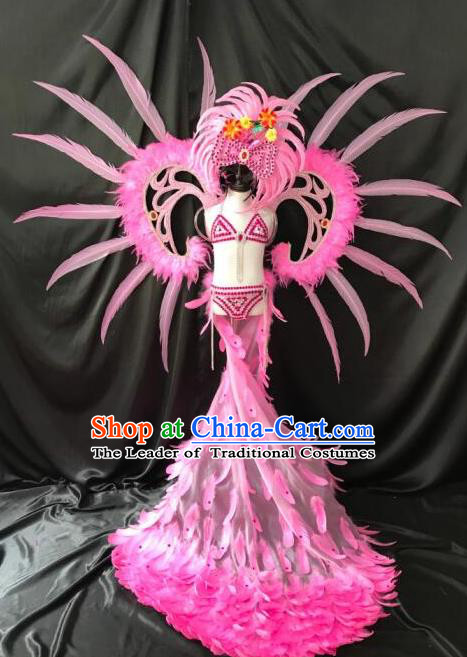 Top Grade Catwalks Costumes Brazilian Carnival Samba Dance Pink Feather Swimsuit and Wings for Kids